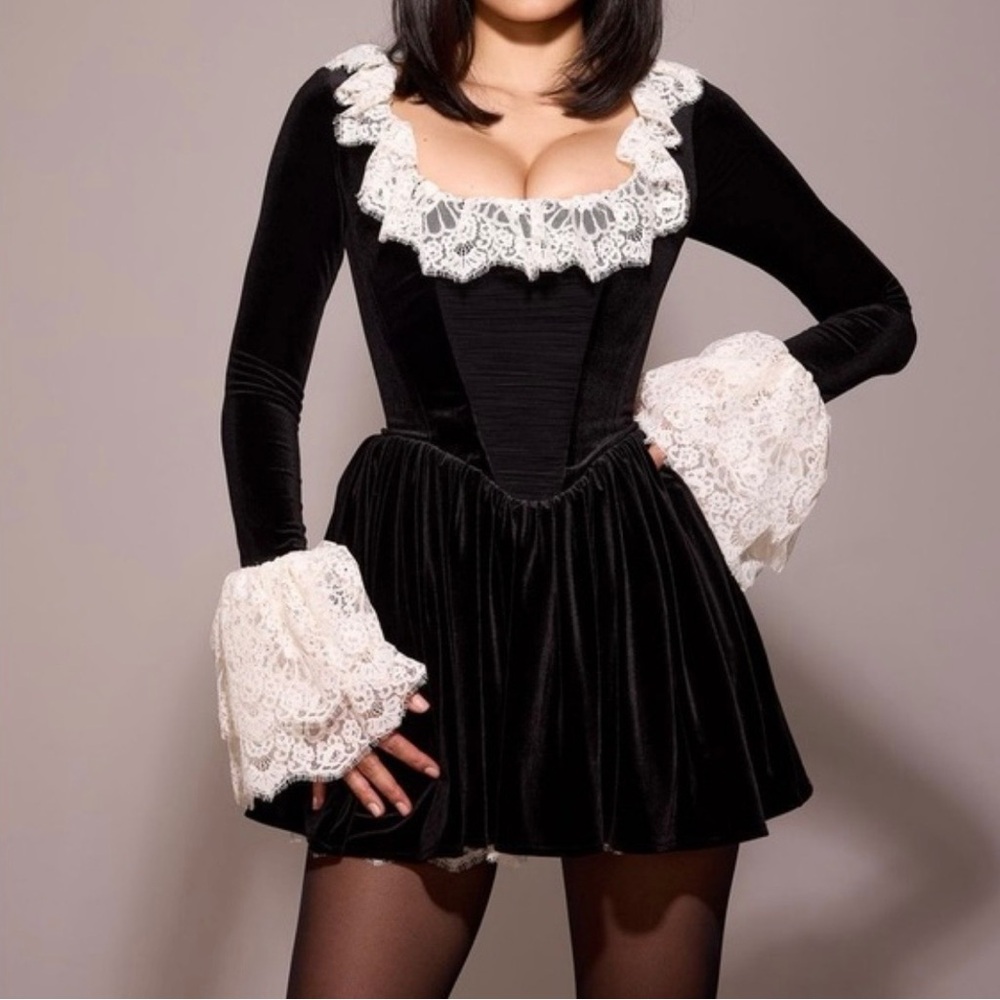 House of CB Czarina Black velvet lace trimmed mini dress